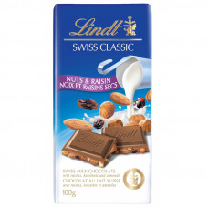 Шоколад Lindt швейцарский молочный с изюмом, фундуком и миндалем,100г