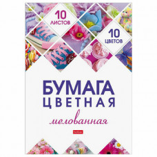 Цветная бумага А4 мелованная, 10 листов 10 цветов, папка, HATBER, 