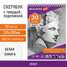 Скетчбук, белая бумага 160 г/м2, 205х290 мм, 30 л., гребень, жёсткая подложка, BRAUBERG ART DEBUT, 110985