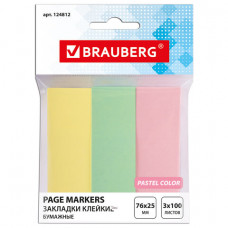 Закладки клейкие пастельные BRAUBERG бумажные, 76х25 мм, 300 штук (3 цвета х 100 листов), европодвес, 124812