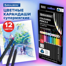 Карандаши цветные чёрное дерево BRAUBERG BLACK WOOD, 12 цветов, трехгранные, мягкий грифель 3 мм, 181948