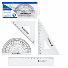 Набор чертежный малый BRAUBERG (линейка 15 см, 2 угольника, транспортир), конверт на молнии, 210306