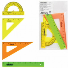 Набор чертежный малый ПИФАГОР (линейка 16 см, 2 треугольника, транспортир), непрозрачный, неоновый, пакет, 210624