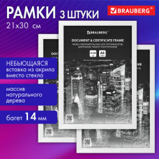 Рамка 21х30 см небьющаяся, КОМПЛЕКТ 3 шт., багет 14 мм дерево, BRAUBERG 