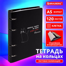 Тетрадь на кольцах А5 160х212 мм, 120 листов, картон, матовая ламинация, клетка, BRAUBERG, 