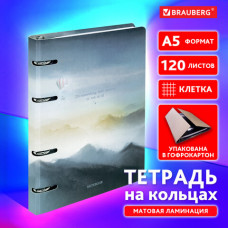 Тетрадь на кольцах А5 160х212 мм, 120 листов, картон, матовая ламинация, клетка, BRAUBERG, 