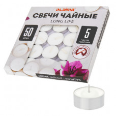 Свечи чайные Long Life, до 5 часов горения, вес 12 г, КОМПЛЕКТ 50шт., в гильзе, LAIMA, 609200